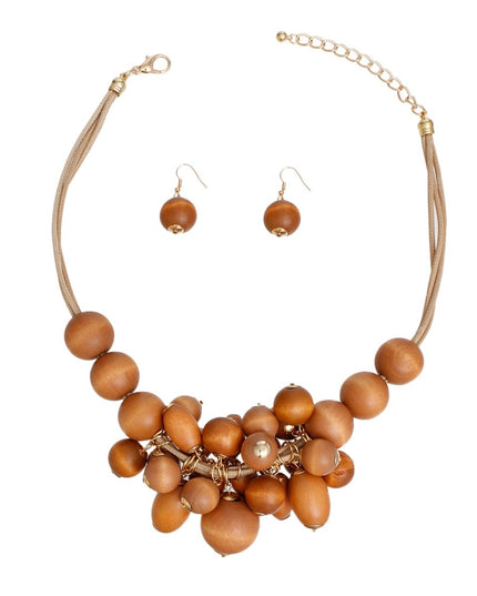 Necklace Brown Clustered Wood Bead Set Women
