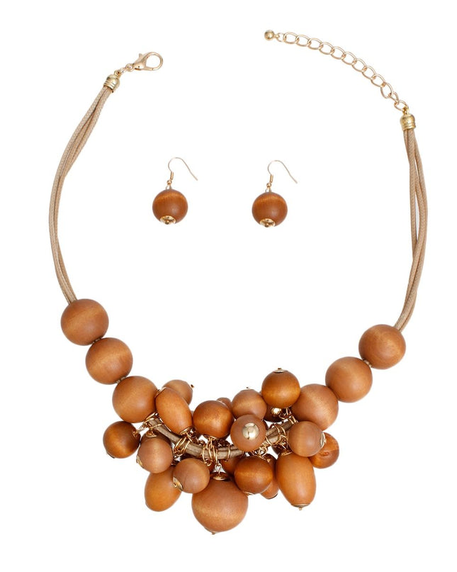 Necklace Brown Clustered Wood Bead Set Women