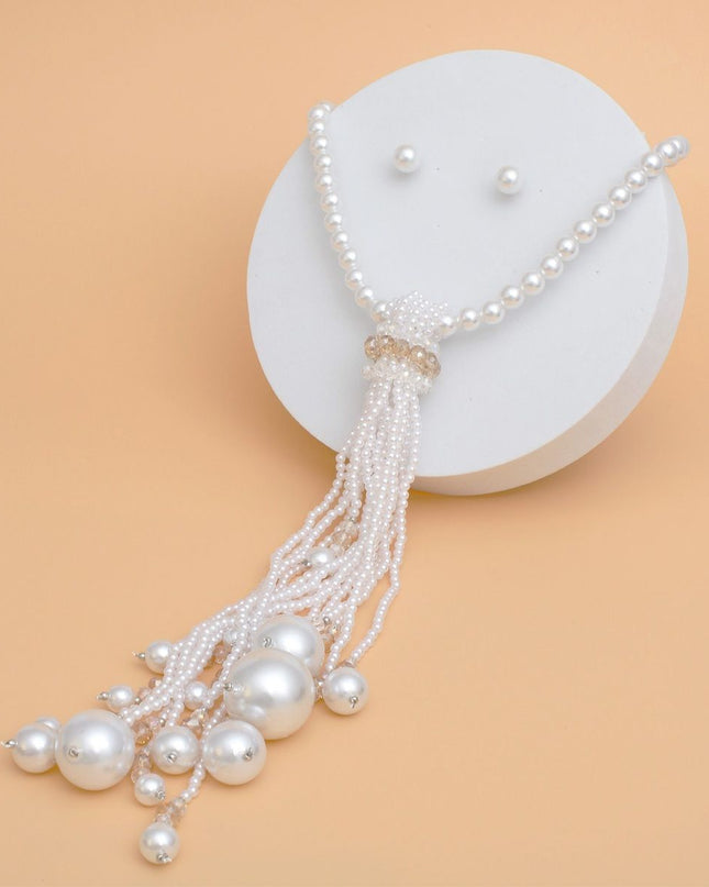 Necklace White Pearl Long Tassel Set for Women
