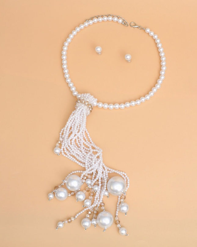 Necklace White Pearl Long Tassel Set for Women