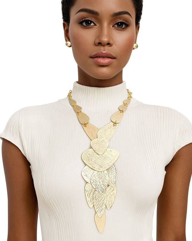 Bib Gold Scratched Metal Plate Edgy Necklace Set
