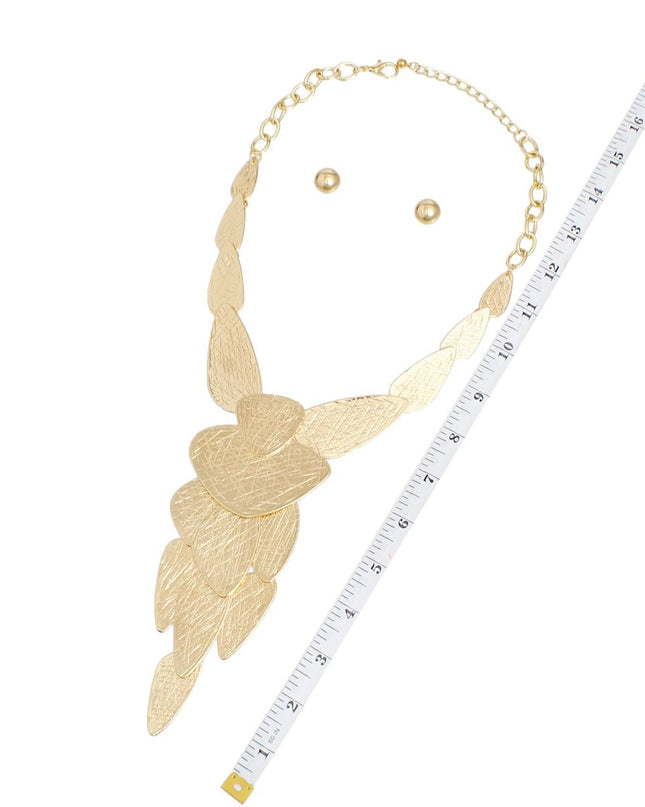 Bib Gold Scratched Metal Plate Edgy Necklace Set