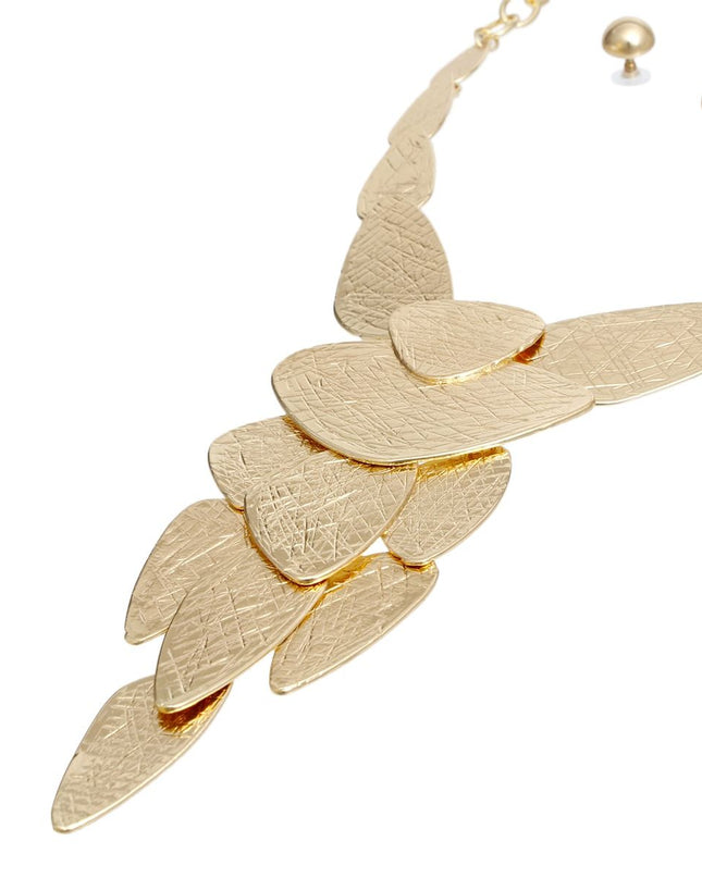 Bib Gold Scratched Metal Plate Edgy Necklace Set
