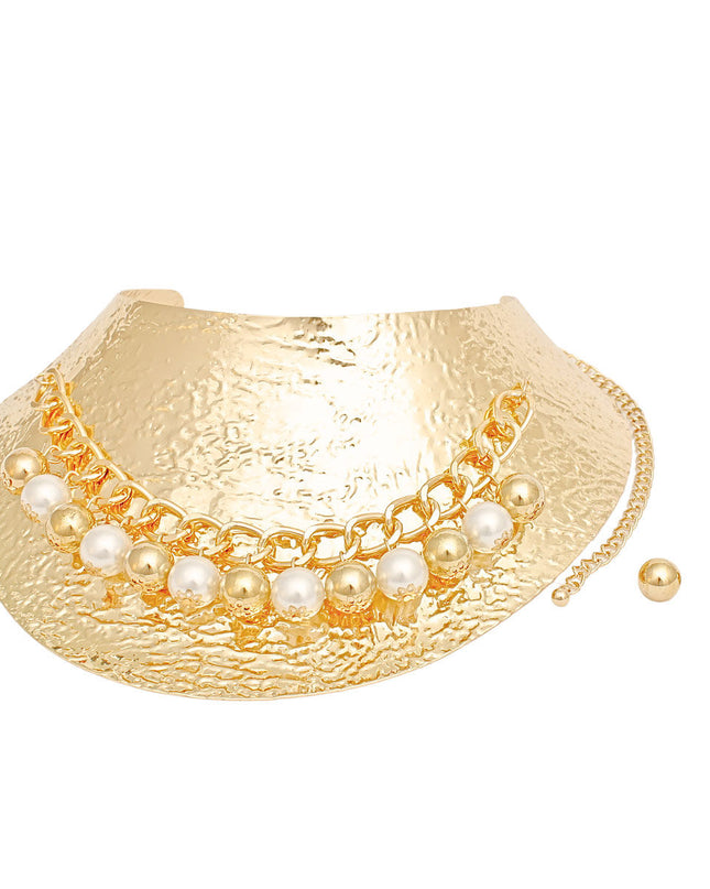 Armor Choker Collar Pearl Rigid Gold Metal Set