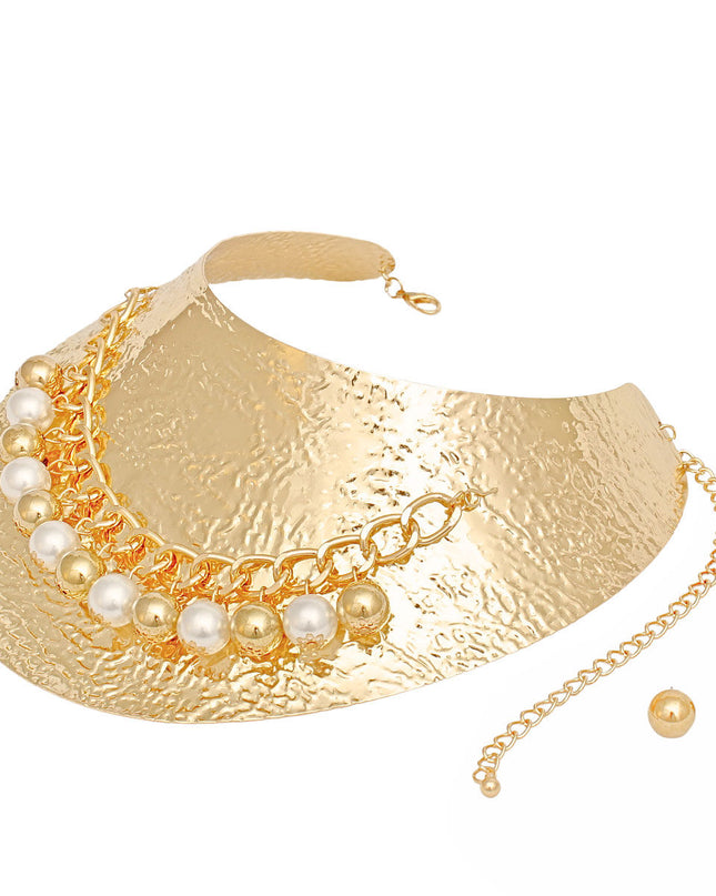 Armor Choker Collar Pearl Rigid Gold Metal Set