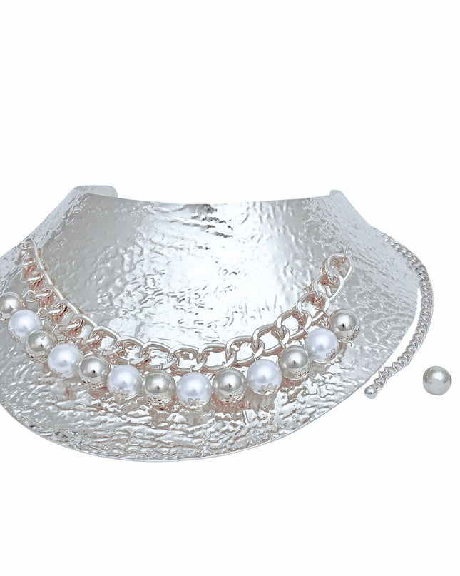 Armor Choker Collar Pearl Rigid Silver Metal Set