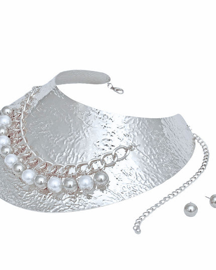 Armor Choker Collar Pearl Rigid Silver Metal Set