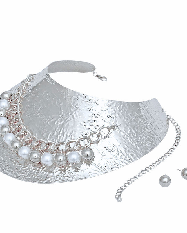 Armor Choker Collar Pearl Rigid Silver Metal Set