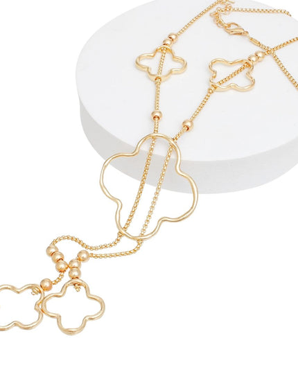 Negligee Long Gold Box Chain Quatrefoil Necklace