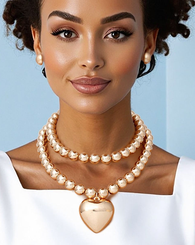 Beaded Gold Heart Pendant Double Necklace Set