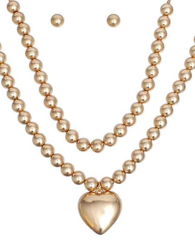 Beaded Gold Heart Pendant Double Necklace Set
