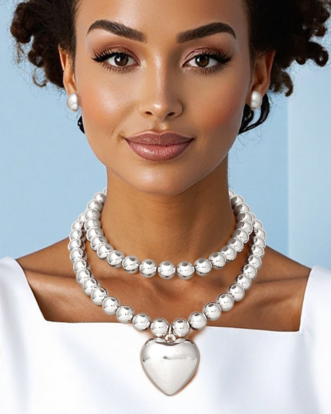Beaded Silver Heart Pendant Double Necklace Set