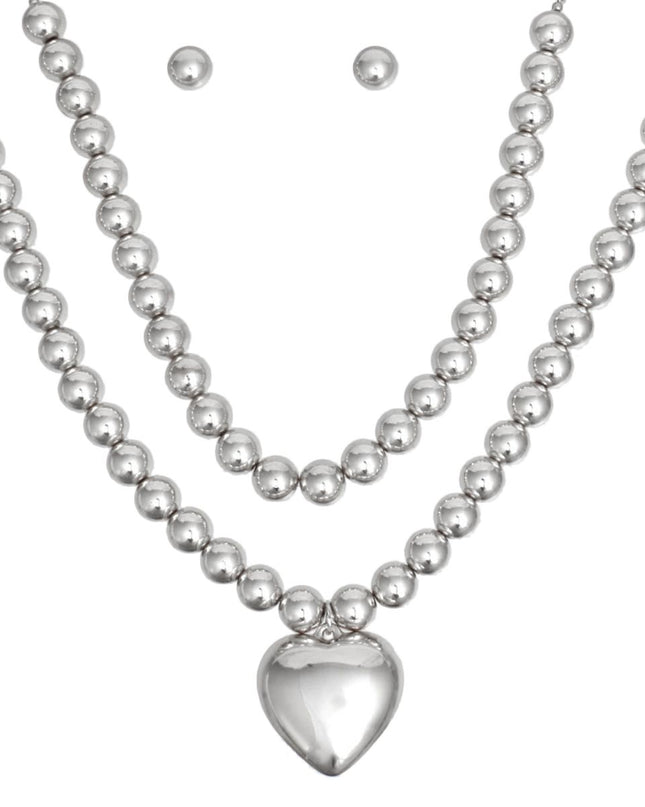 Beaded Silver Heart Pendant Double Necklace Set