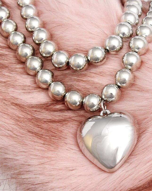 Beaded Silver Heart Pendant Double Necklace Set