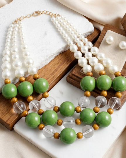 Chunky Green Glazed Bead & Pearl Layered Necklace