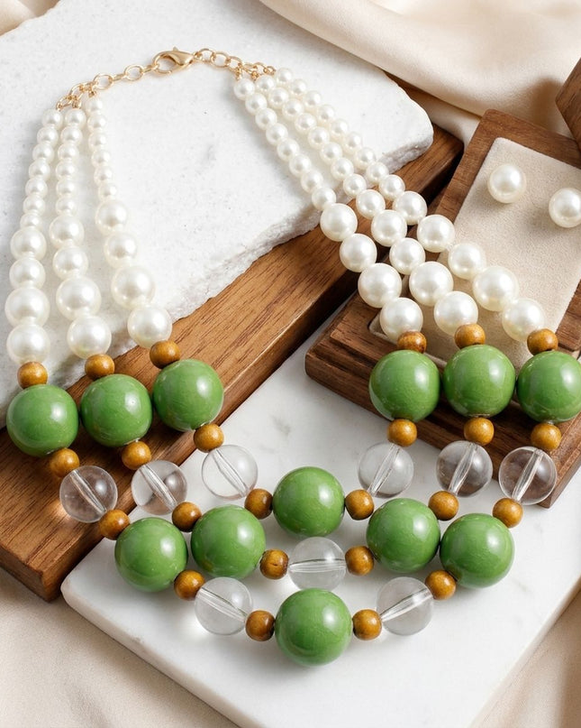 Chunky Green Glazed Bead & Pearl Layered Necklace