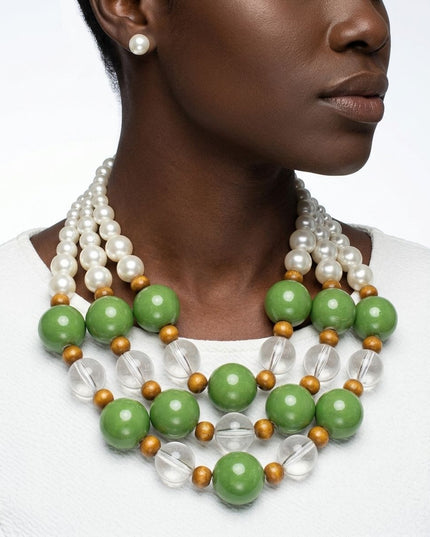 Chunky Green Glazed Bead & Pearl Layered Necklace