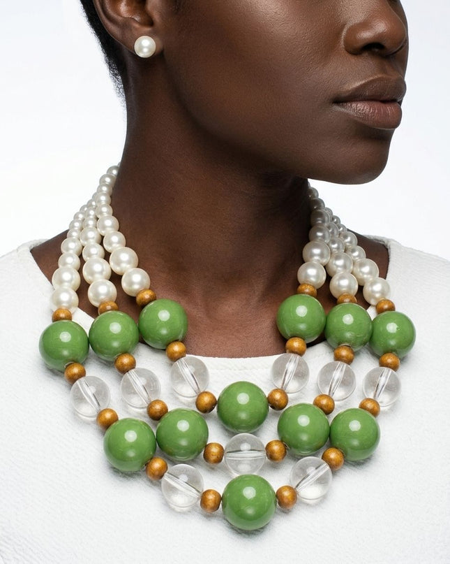 Chunky Green Glazed Bead & Pearl Layered Necklace