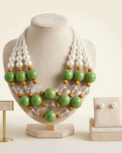 Chunky Green Glazed Bead & Pearl Layered Necklace