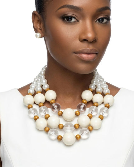 Chunky Ivory Glazed Bead & Pearl Layered Necklace