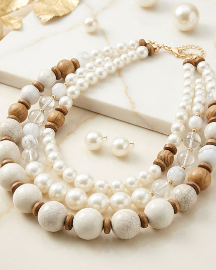 Chunky Ivory Glazed Bead & Pearl Layered Necklace