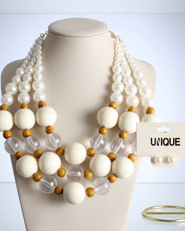 Chunky Ivory Glazed Bead & Pearl Layered Necklace