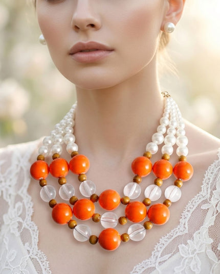 Chunky Orange Glazed Bead & Pearl Layered Necklace