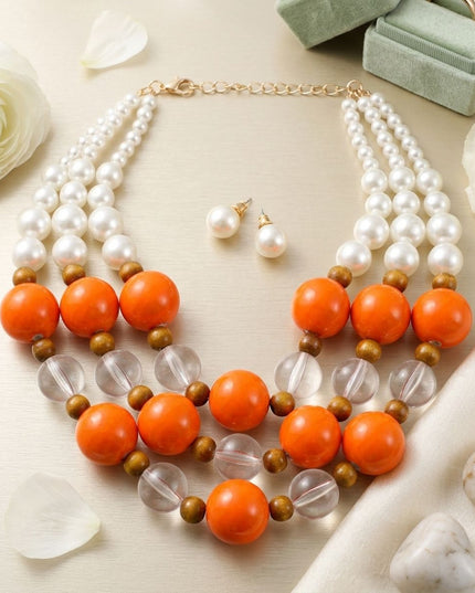 Chunky Orange Glazed Bead & Pearl Layered Necklace