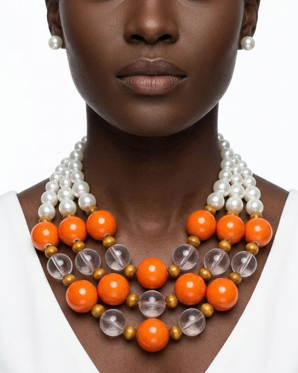 Chunky Orange Glazed Bead & Pearl Layered Necklace