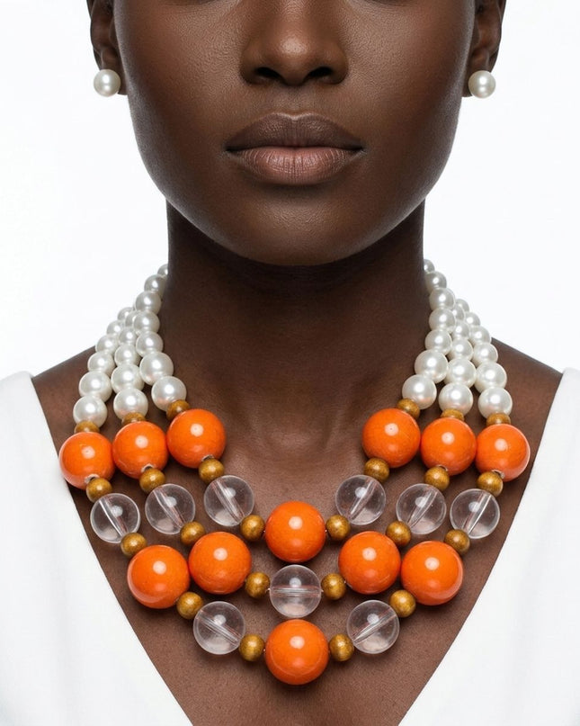 Chunky Orange Glazed Bead & Pearl Layered Necklace