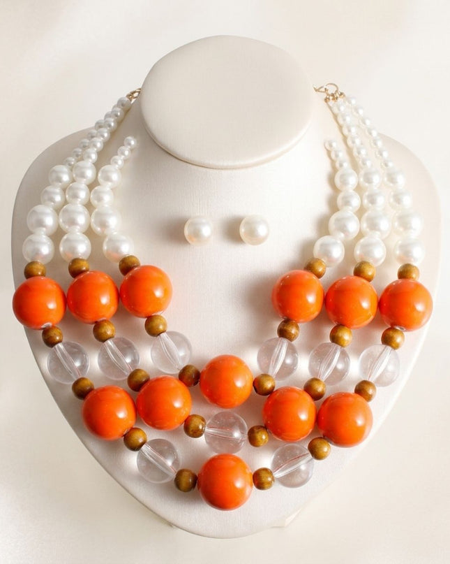 Chunky Orange Glazed Bead & Pearl Layered Necklace