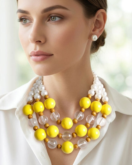 Chunky Yellow Glazed Bead & Pearl Layered Necklace