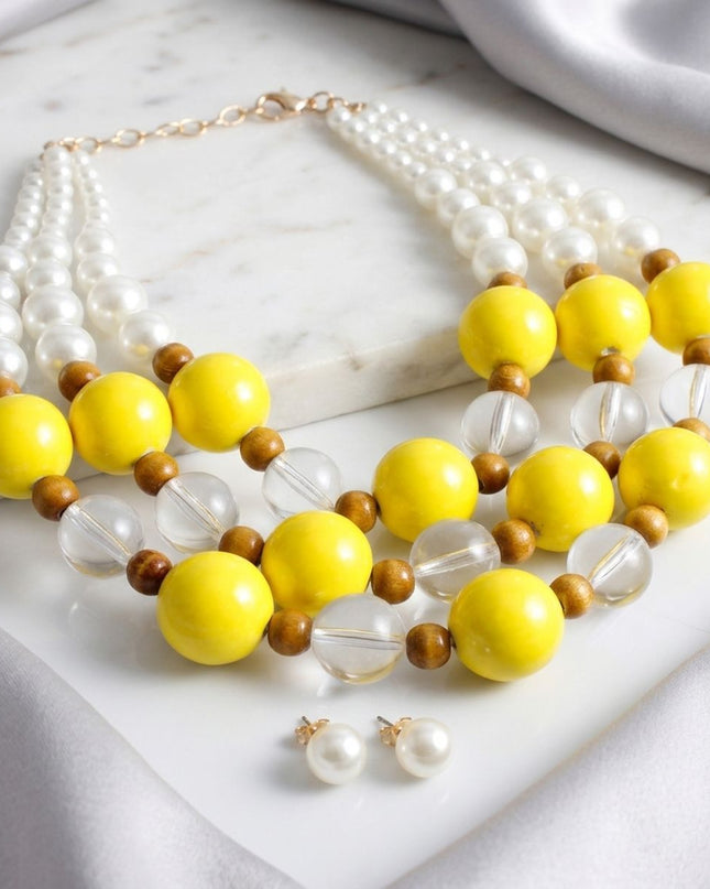 Chunky Yellow Glazed Bead & Pearl Layered Necklace
