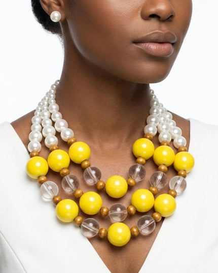 Chunky Yellow Glazed Bead & Pearl Layered Necklace