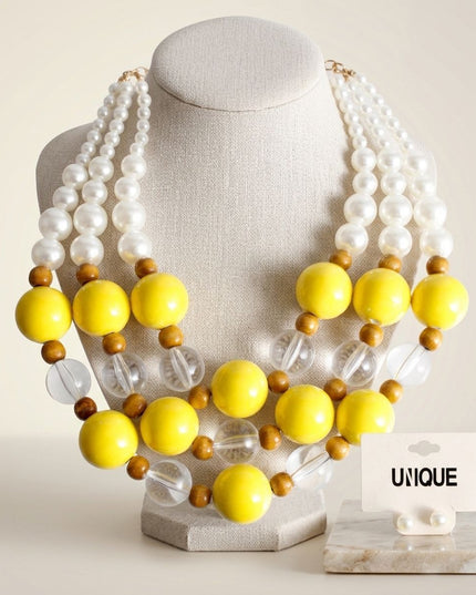 Chunky Yellow Glazed Bead & Pearl Layered Necklace