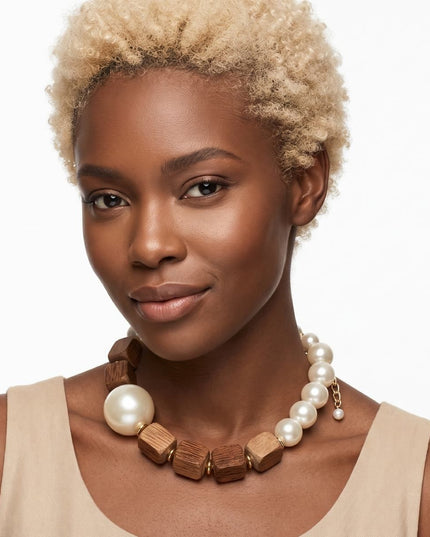 Chunky Wooden Cube & Jumbo Pearl Necklace