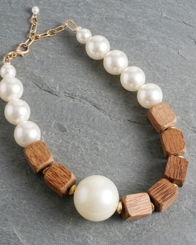 Chunky Wooden Cube & Jumbo Pearl Necklace