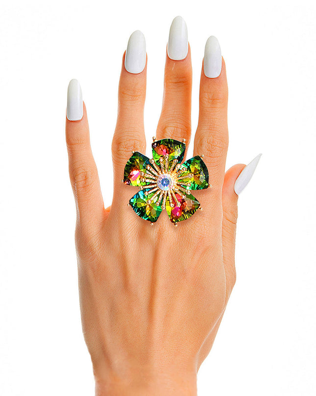 Pink Green Daisy Crystal Ring