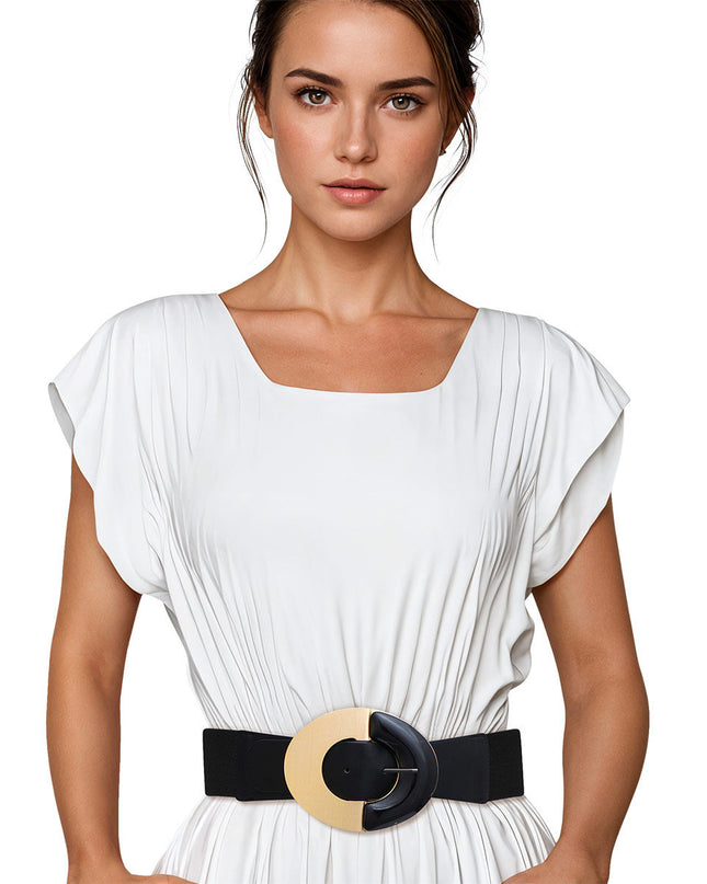 Belt Black Wide Marbled Round Buckle Stretch Women