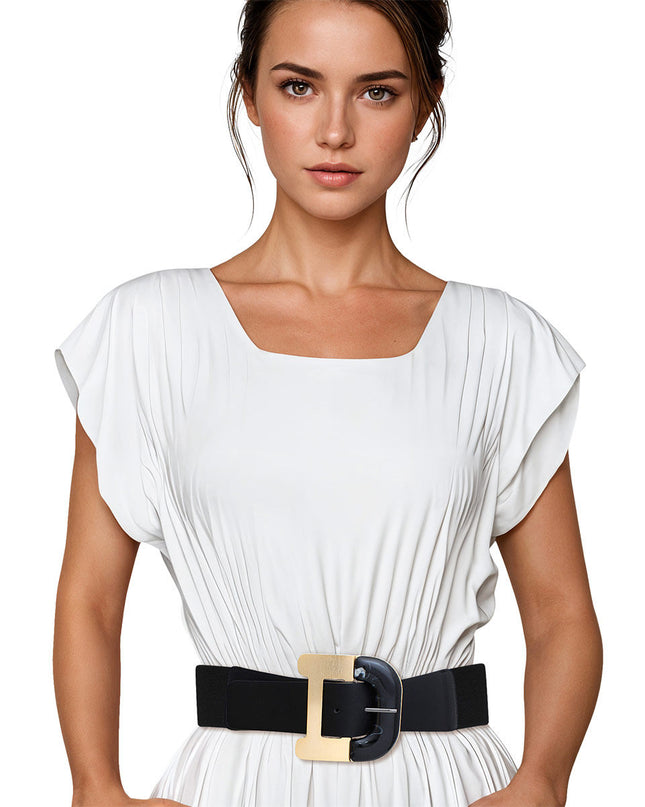 Belt Black Wide Marbled Buckle Stretch for Women