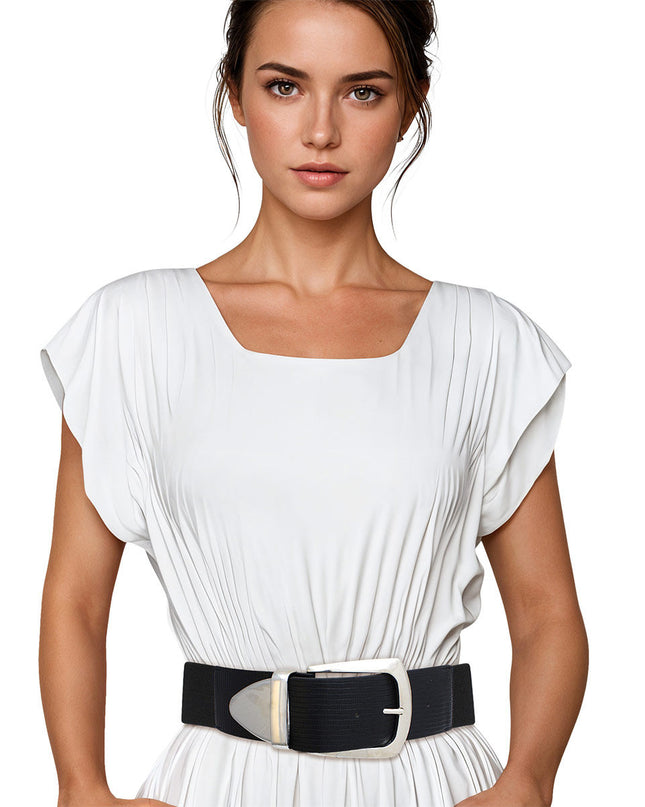 Belt Black Wide Silver Buckle Stretch for Women