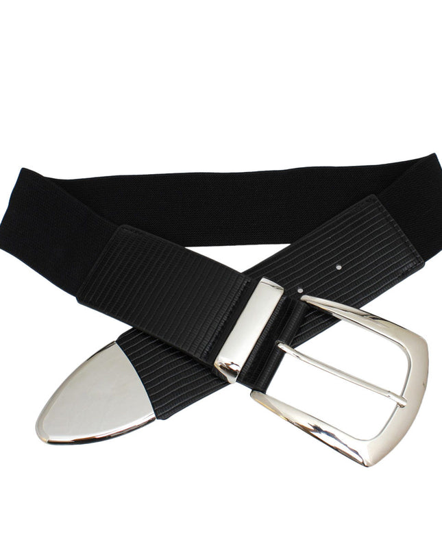 Belt Black Wide Silver Buckle Stretch for Women