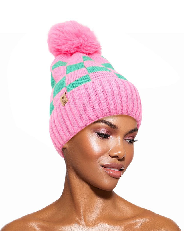 AKA Sorority Checkered Beanie Pom Hat for Women
