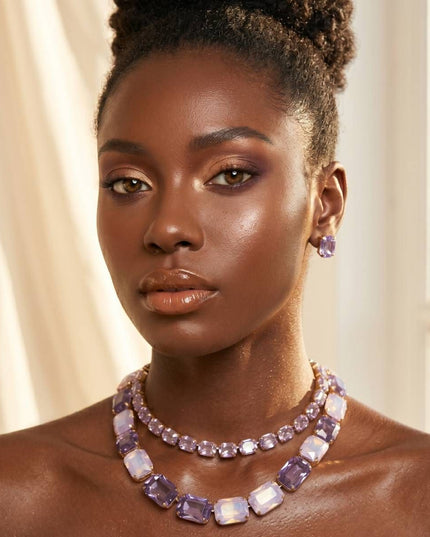 Lavender Emerald Cut Crystal 2 Row Necklace Set