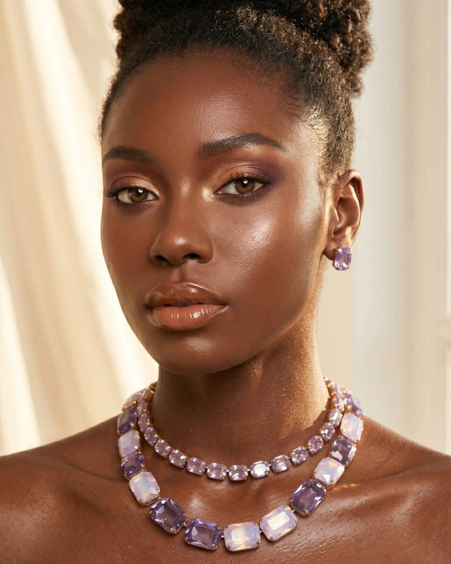 Lavender Emerald Cut Crystal 2 Row Necklace Set