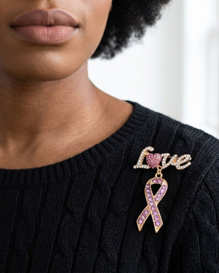 Gold Breast Cancer Love Pink Ribbon Dangle Brooch