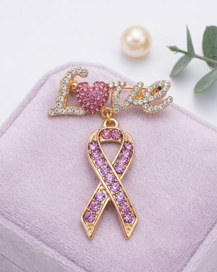 Gold Breast Cancer Love Pink Ribbon Dangle Brooch