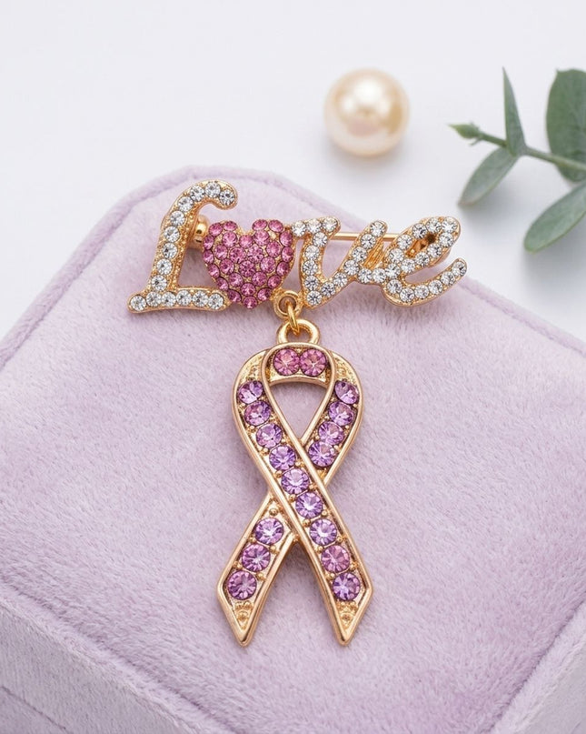 Gold Breast Cancer Love Pink Ribbon Dangle Brooch