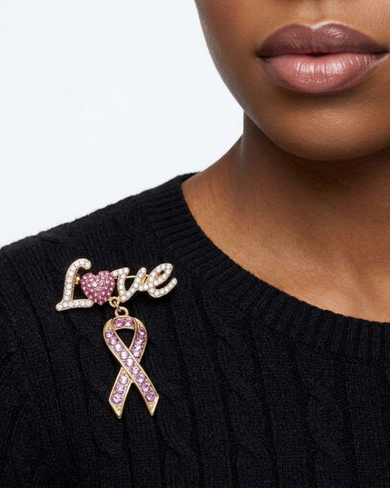 Gold Breast Cancer Love Pink Ribbon Dangle Brooch