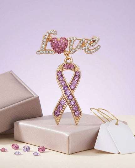 Gold Breast Cancer Love Pink Ribbon Dangle Brooch